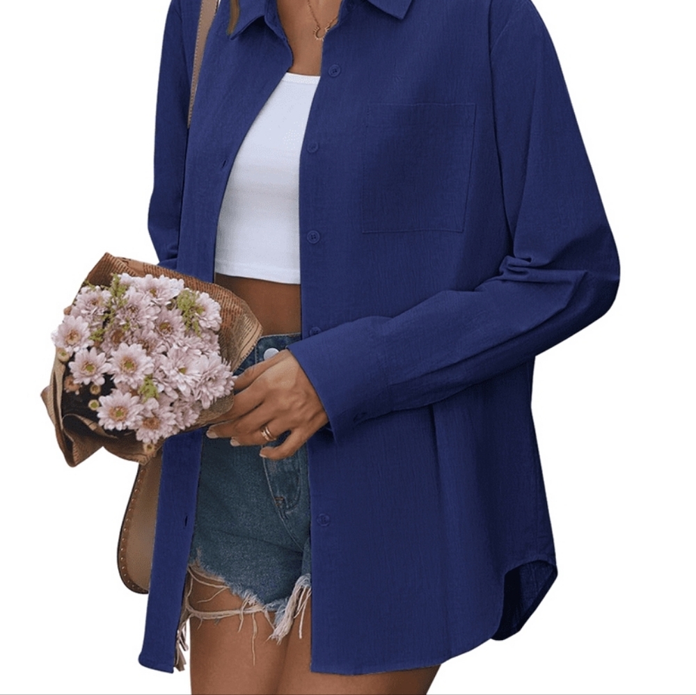 Womens Button Down Shirts Lapel Long Sleeve Blouses 2xl - Picture 4 of 4